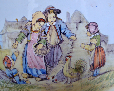 Jardinière à décor d'enfants de bannalec nourissant les poules par Porquier Beau