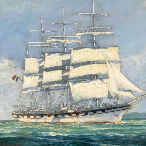 Quatre mâts barque et son bateau pilote à la balise par Charles Viaud