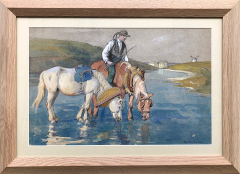 Breton et ses chevaux se désaltérant à la rivière par Doigneau