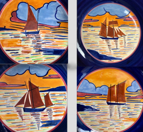 Quatre assiettes à décors de bateaux par Jean Colle