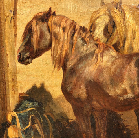 Chevaux type "postier" à l'écurie par Hippolyte Lalaisse