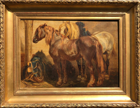 Chevaux type "postier" à l'écurie par Hippolyte Lalaisse