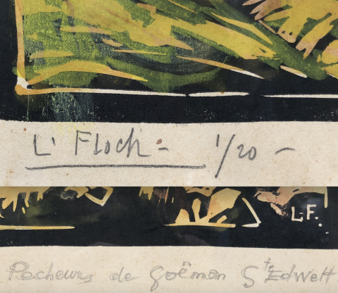 Signature de l'artiste, numéro de la plache et titre