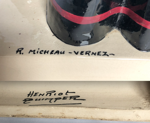 Signature de l'artiste sur la terrasse et de la manufacture dans la pièce