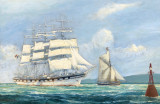 Quatre mâts barque et son bateau pilote à la balise par Charles Viaud