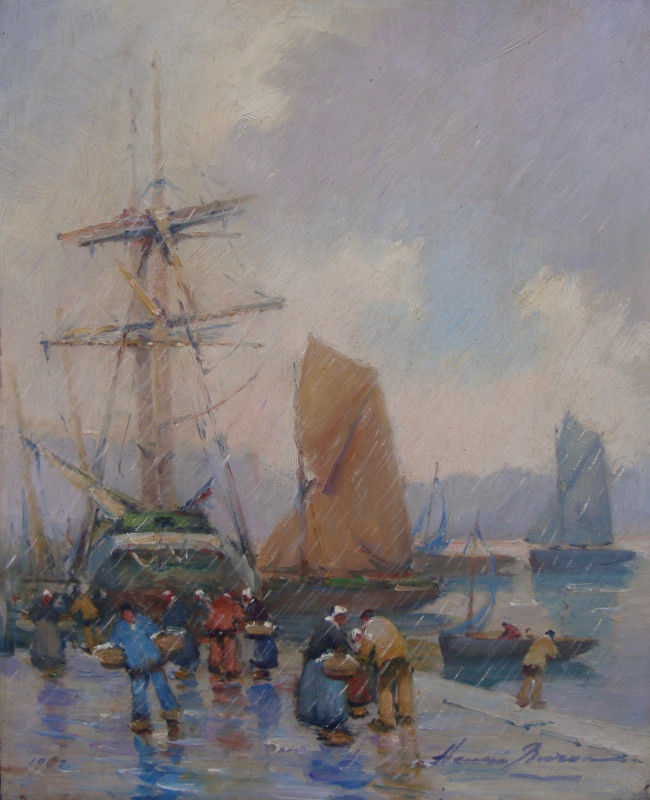 Scène de port sous la pluie par Henri Buron