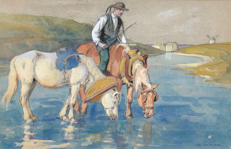 Breton et ses chevaux se désaltérant à la rivière par Doigneau