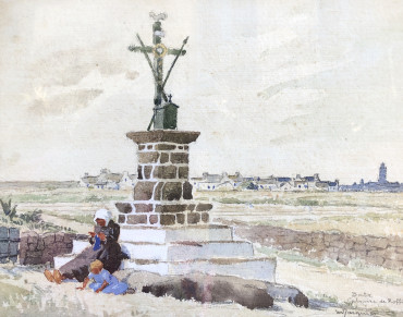 Mère et son enfant au pied du calvaire de Roffiat